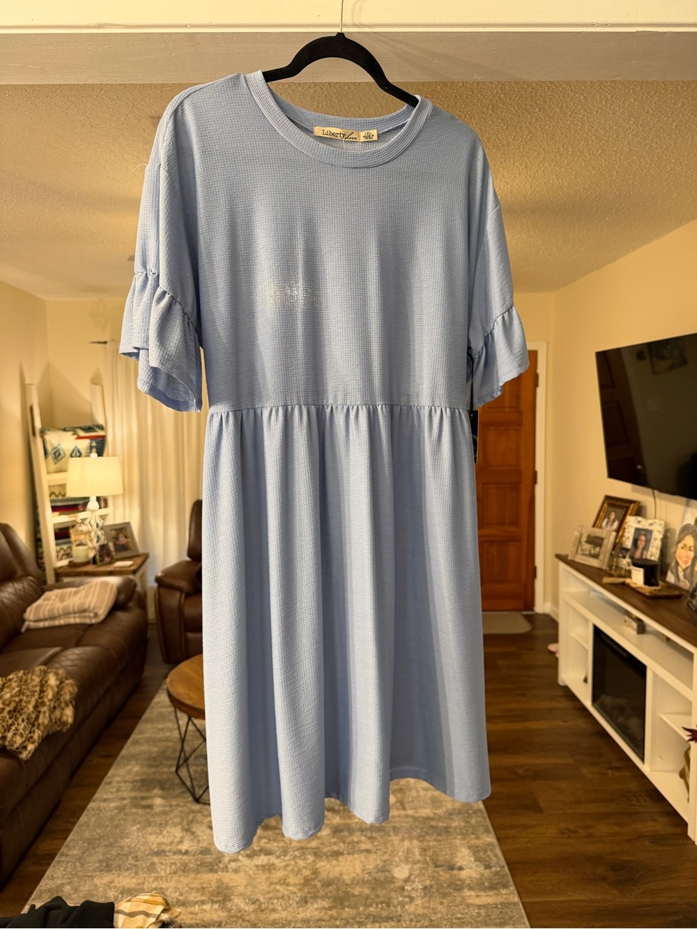 Liberty Love Powder Blue Textured Midi Dress with Ruffle Detail